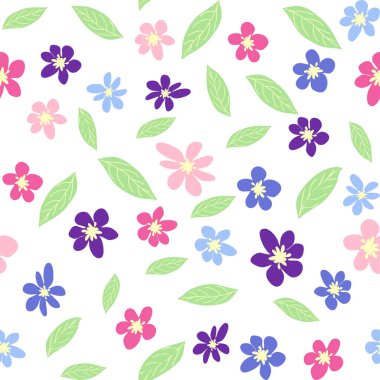 Pembe, lavantalı, mavi, mor papatya çiçekli ve yapraklı kusursuz çayır deseni. Çocuksu, kadınsı, nazik