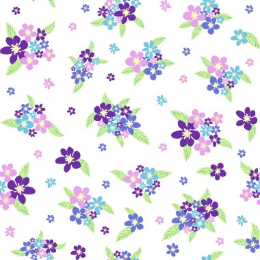 Titan, lavanta, mavi, mor papatya çiçeği ve pastel arka planda yaprakları olan çiçeksiz desenler..