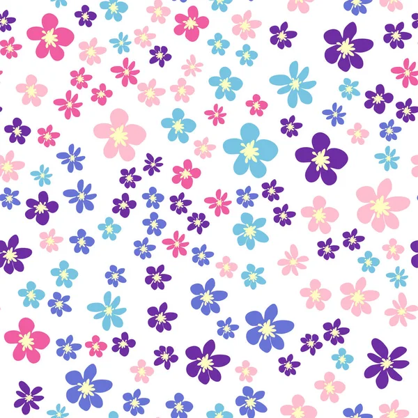 Seamless meadow pattern with flowers with pink, lavender, blue, purple chamomile flower and leaves. Childish, feminine, gentle