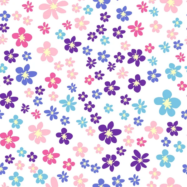 Pembe, lavantalı, mavi, mor papatya çiçekli ve yapraklı kusursuz çayır deseni. Çocuksu, kadınsı, nazik