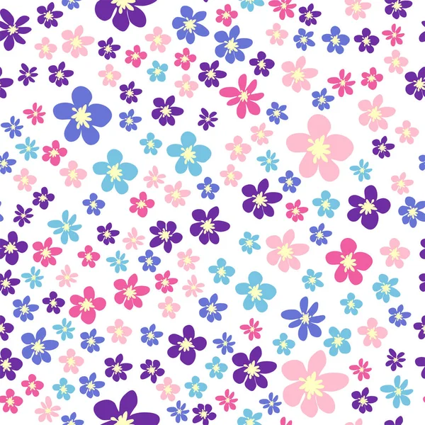 Pembe, lavantalı, mavi, mor papatya çiçekli ve yapraklı kusursuz çayır deseni. Çocuksu, kadınsı, nazik