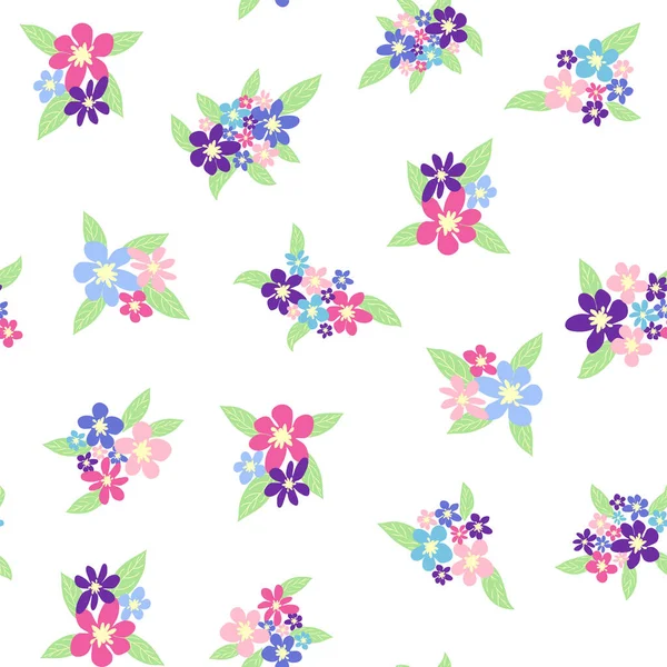 ピンク ラベンダー 紫のカモミールの花と葉を持つ花とシームレスな牧草地パターン 子供料理女性的で優しい — ストックベクタ