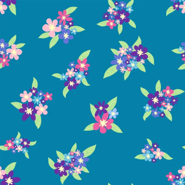 Seamless meadow pattern with flowers with pink, lavender, blue, purple chamomile flower and leaves. Childish, feminine, gentle