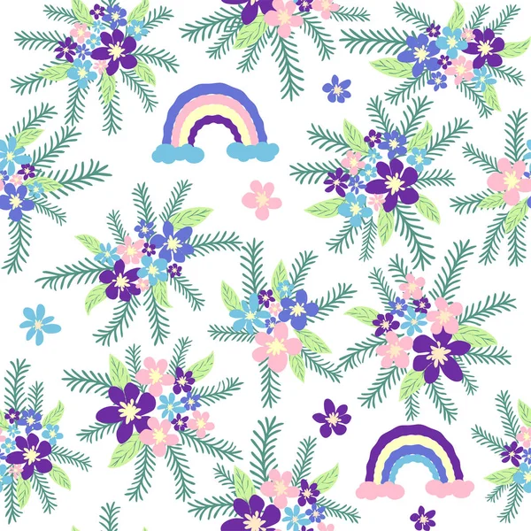 Цветочный Бесшовный Узор Тицианом Лавандой Голубым Фиолетовым Ромашкой Листьями Пастельном — стоковый вектор