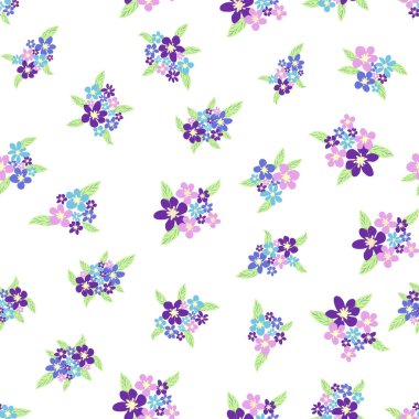 Titan, lavanta, mavi, mor papatya çiçeği ve pastel arka planda yaprakları olan çiçeksiz desenler..