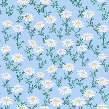 Kusursuz desenli, papatya çiçekli, yaratıcı çiçek desenli mavi turkuaz arka planda el yapımı yapraklar. Tasarım için bahar yaz şablonu