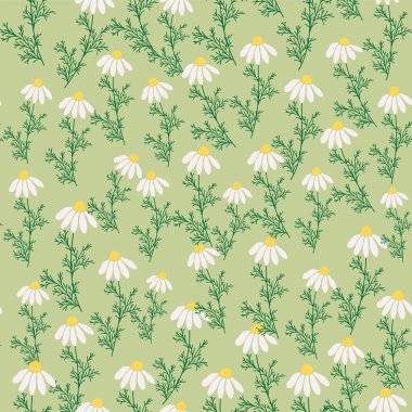 Kusursuz desenli, papatya çiçekli, yaratıcı çiçek desenli mavi turkuaz arka planda el yapımı yapraklar. Tasarım için bahar yaz şablonu