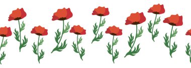 Parlak kırmızı gelincik çiçekleri ve haşhaş kabuklarıyla kusursuz yaz deseni. Çelenk, çiçek sınırı.