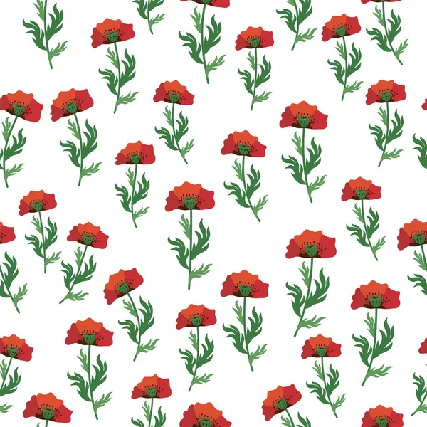 Summer Seamless Pattern Bright Red Poppy Flowers Poppy Pods Field — Stock Vector