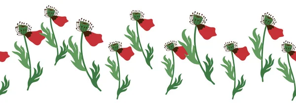 Parlak Kırmızı Gelincik Çiçekleri Haşhaş Kabuklarıyla Kusursuz Yaz Deseni Çelenk — Stok Vektör