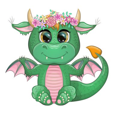Boynuzları ve kanatları olan şirin çizgi film yeşil yavru ejderha. Çin takvimine göre 2024 'ün sembolü. Komik mitolojik canavar sürüngen.