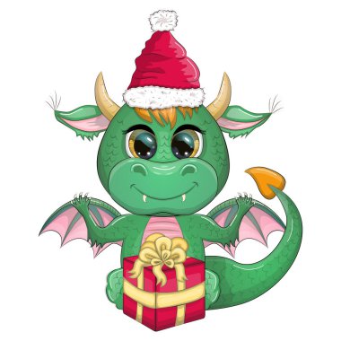 Noel Baba şapkalı şirin yeşil ejderha. 2024 yılbaşı, Çin takvimi. Hediyeler, Noel ağacı oyuncakları, şeker kamışı, yazıtlı bir bardak, hediyeler için yeni yıl çorabı.