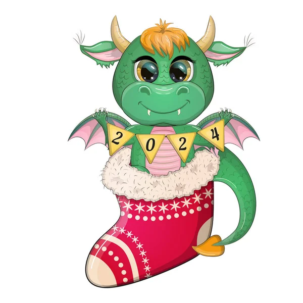 サンタの帽子でかわいい漫画の緑のドラゴン 2024年 中国暦 ギフト クリスマスツリーのおもちゃ キャンディーサウナ 碑文付きのカップ ギフト用の新年のストッキング — ストックベクタ