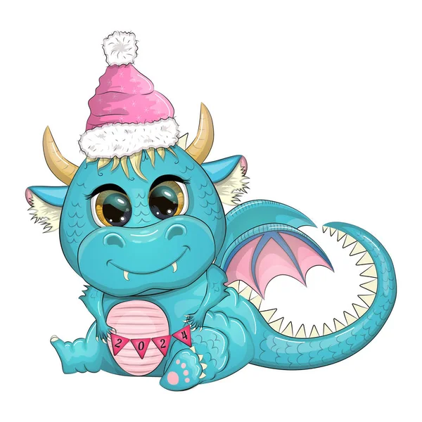 Mignon Dragon Vert Dessin Animé Chapeau Père Noël 2024 Nouvel — Image vectorielle