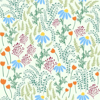 Çiçeksiz desen. Papatyalar, vadideki zambaklar, yoncalar, laleler, şakayıklar, geçmişteki büyük harfler, otlar. Küçük parlak çiçekli yazdır, bahar buketi