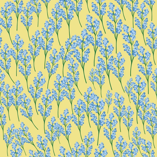 Nahtloses Blumenmuster Mit Gelben Und Blauen Mimosenblüten Blätter Handgezeichnetem Stil — Stockvektor