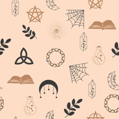 Sihirli ve kusursuz desenli, yılan gözü, tarot kartı, el, kafatası, iksir, ay, kelebek, mantar, yıldız gibi sihirli elementlerle. Cadılık temasının sembolleri ve ögeleri.