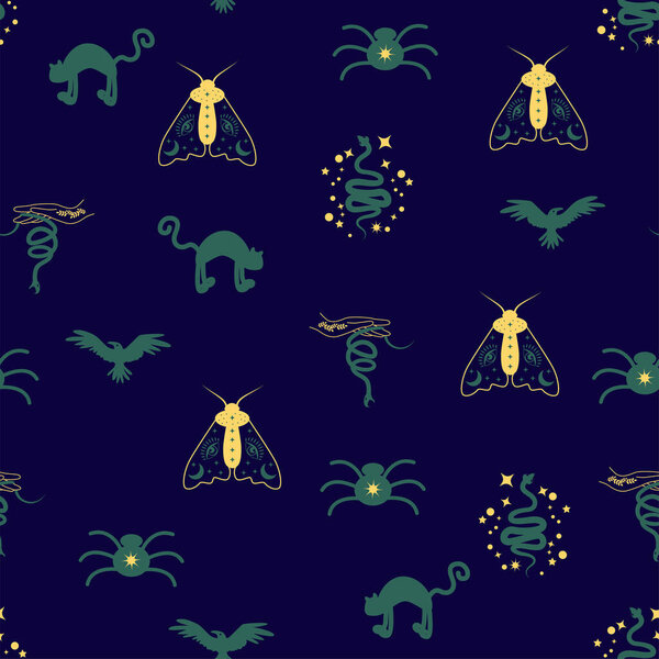 Magic and heaven seamless pattern, with magical elements such as snake, eye, tarot cards, hand, skull, potion, moon, butterfly, mushrooms, stars. Symbols and elements of the witchcraft theme.