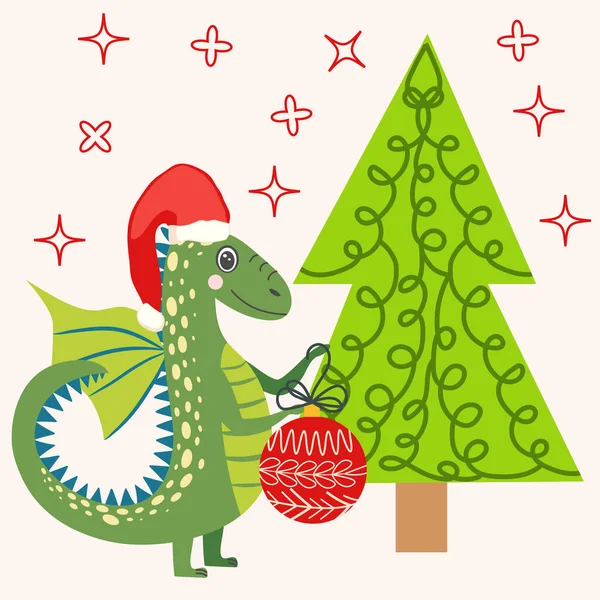 Tarjeta Navidad Con Lindo Dragón Verde Año Del Dragón 2024 — Vector de stock