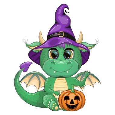 Mor sihirli şapkalı şirin yeşil ejderha, Cadılar Bayramı. Balkabağı, iksir, süpürge. Çin takvimine göre 2024 'ün sembolü. Efsanevi sürüngen canavarı