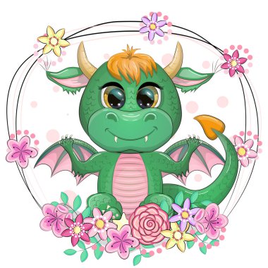 Boynuzları ve kanatları olan şirin çizgi film yeşil yavru ejderha. Çin takvimine göre 2024 'ün sembolü. Komik mitolojik canavar sürüngen..