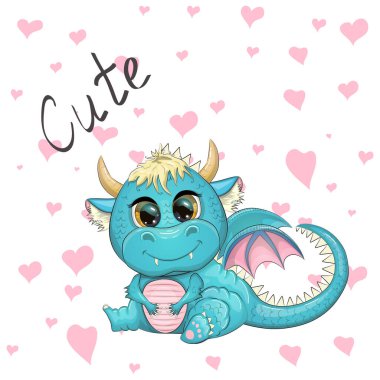 Boynuzları ve kanatları olan şirin çizgi film yeşil yavru ejderha. Çin takvimine göre 2024 'ün sembolü. Komik mitolojik canavar sürüngen..