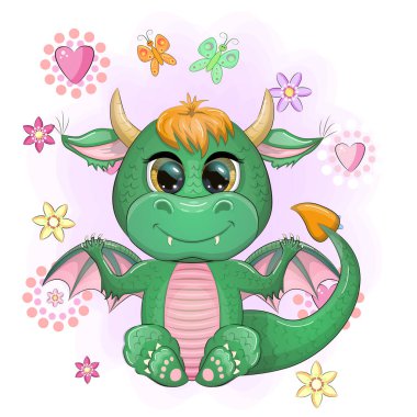 Boynuzları ve kanatları olan şirin çizgi film yeşil yavru ejderha. Çin takvimine göre 2024 'ün sembolü. Komik mitolojik canavar sürüngen..