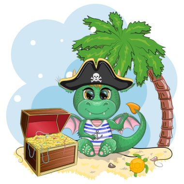 Şapkalı şirin çizgi film yeşil ejderha korsanı. Çin takvimine göre 2024 'ün sembolü