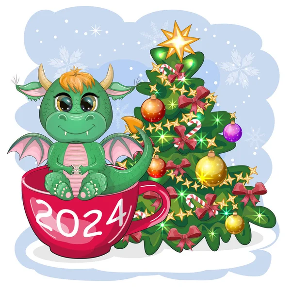 サンタの帽子の中のかわいい漫画の緑のドラゴンは赤い贈り物を保持し クリスマスツリーの隣に座っています 2024年 中国暦 — ストックベクタ