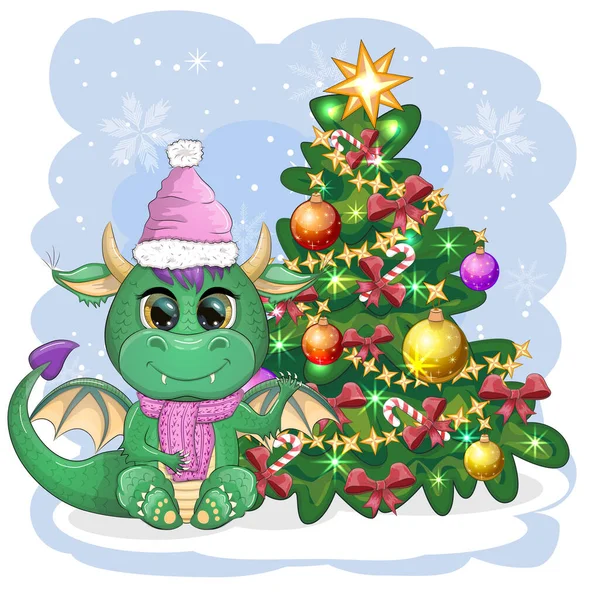 サンタの帽子の中のかわいい漫画の緑のドラゴンは赤い贈り物を保持し クリスマスツリーの隣に座っています 2024年 中国暦 — ストックベクタ