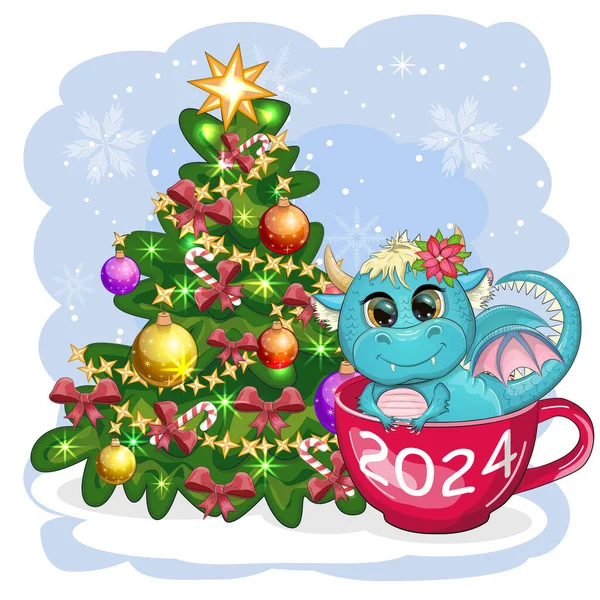 Joli Dragon Vert Dessin Animé Dans Chapeau Père Noël Tient — Image vectorielle