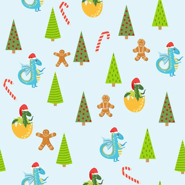 Pola Mulus Dengan Naga Yang Lucu Desain Natal Tahun Baru - Stok Vektor