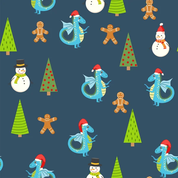 Pola Mulus Dengan Naga Yang Lucu Desain Natal Tahun Baru - Stok Vektor