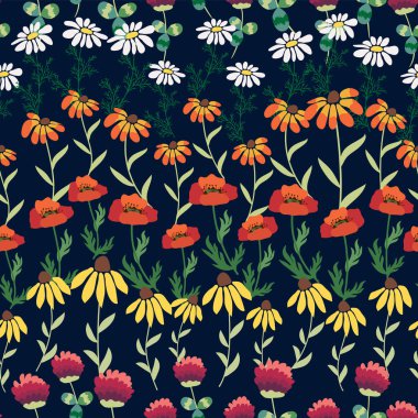 Kırmızı gelincikler, beyaz papatya çiçekleri, sarı rudbeckia. Yaz çiçeği tarlası, çayır. Tekstil, kumaş ve hediye kağıdı baskısı.