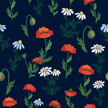 Kırmızı gelincikler, beyaz papatya çiçekleri, sarı rudbeckia. Yaz çiçeği tarlası, çayır. Tekstil, kumaş ve hediye kağıdı baskısı.