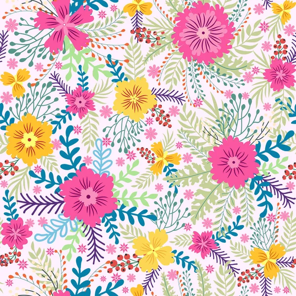 stock vector Beautiful floral seamless pattern with yellow flowers, forest grasses, leaves on a light blue-purple background. Wild flowers perfect template