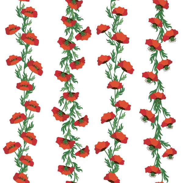Parlak Kırmızı Gelincik Çiçekleri Haşhaş Kabuklarıyla Kusursuz Yaz Deseni Tarla — Stok Vektör