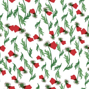 Parlak kırmızı gelincik çiçekleri ve haşhaş kabuklarıyla kusursuz yaz deseni. Tarla, haşhaş çayırı.