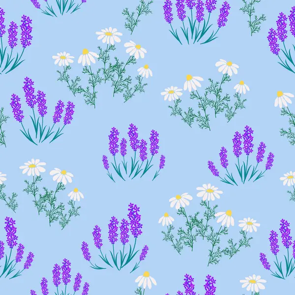 植物无缝印刷与各种花卉元素 蓝色的薰衣草和洋甘菊 带有迷你花的时尚面料图案 老式纺织品 — 图库矢量图片