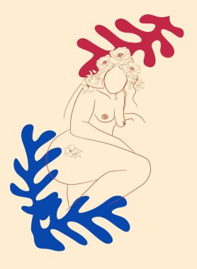 Matisse 'den esinlenilmiş kadın figürleri farklı pozlarda çiçeklerle minimalist bir tarzda dururlar..