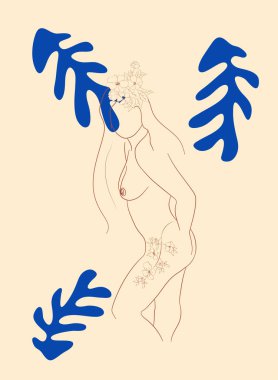 Matisse 'den esinlenilmiş kadın figürleri farklı pozlarda çiçeklerle minimalist bir tarzda dururlar..