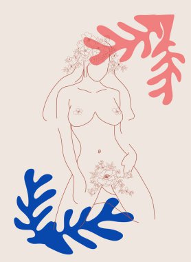 Matisse 'den esinlenilmiş kadın figürleri farklı pozlarda çiçeklerle minimalist bir tarzda dururlar..