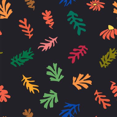 Matisse çiçeksiz desen, eğri yapraklar ve çiçekler. Çağdaş botanik arka plan, modern baskı çiçek elementi, organik şekiller.