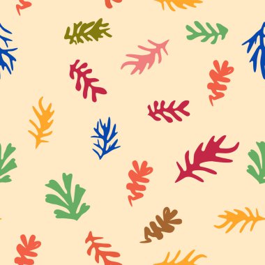 Matisse çiçeksiz desen, eğri yapraklar ve çiçekler. Çağdaş botanik arka plan, modern baskı çiçek elementi, organik şekiller.