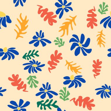 Matisse çiçek deseni, eğri yapraklar ve çiçekler. Çağdaş botanik arka plan, modern baskı çiçek elementi, organik şekiller.