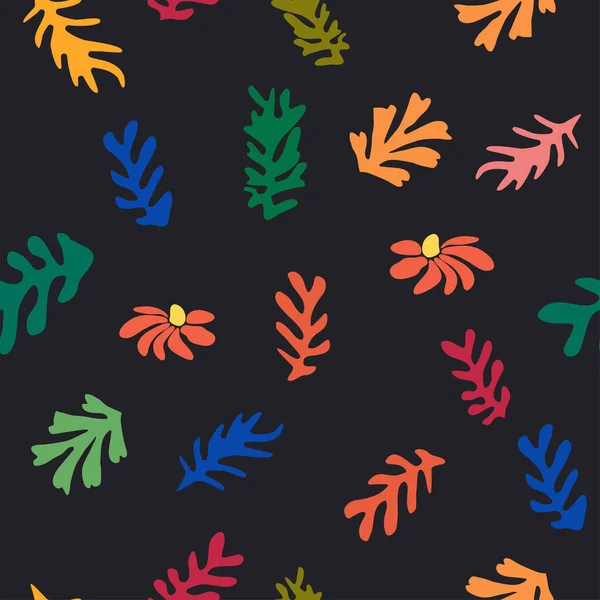 马蒂斯花无缝图案 弯曲的叶子和花朵 当代植物学背景 现代印刷植物元素 有机形状 — 图库矢量图片