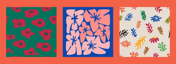マティス花のシームレスなパターン モダンなトレンディなマティスフラワーミニマルスタイル インスパイアされた壁画の3セット — ストックベクタ