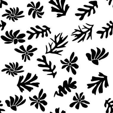 Matisse 'ten esinlenilmiş modaya uygun çiçek deseni, siyah ve beyaz çiçek deseni.