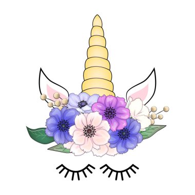 Şirin tek boynuzlu at başı çiçek tacı olan