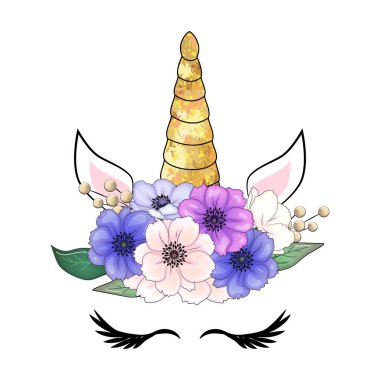 Şirin tek boynuzlu at başı çiçek tacı olan